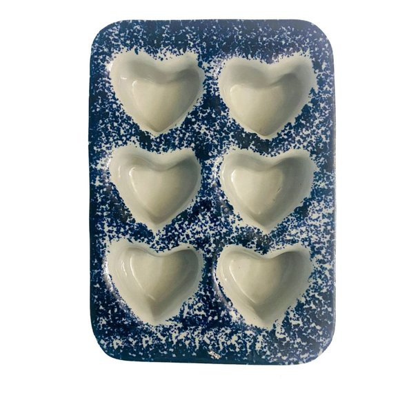 Unbranded Other - Vintage Ceramic Blue Spongeware Heart Baking Muffin Pan Cupcake Stoneware Pan